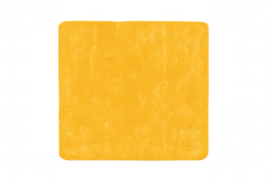 Processed cheddar cheese slice with rounded corners on transparent background for food preparation