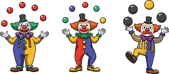 Colorful cartoon clowns juggling balls, circus performance illustration, playful characters, festive entertainment, vector art, children’s fun, carnival theme, vibrant design, humor