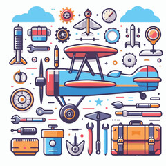 biplane, airplane, plane, aircraft, air, propeller, flight, sky, vintage, aeroplane, old, fly, retro, aviation, transport, wing, pilot, travel, illustration, red, background, vector, transportation, w