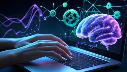 A darker-toned image featuring hands typing on a laptop. The background includes a glowing purple brain along with abstract gears and digital data lines, reinforcing themes of intelligent technology, 