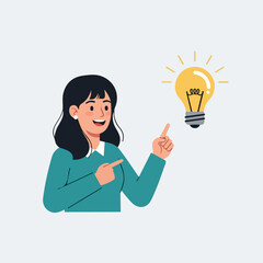 Cartoon woman in teal top pointing at glowing yellow lightbulb a brilliant idea.