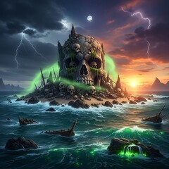 A massive skull-shaped island fortress, surrounded by a stormy sea and littered with wrecked ships, stands sentinel under a dramatic sky at sunset.