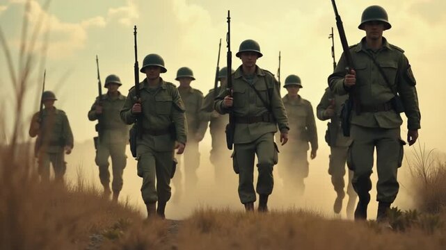 Old Retro Vintage Army Soldiers Marching Together on War Battlefield