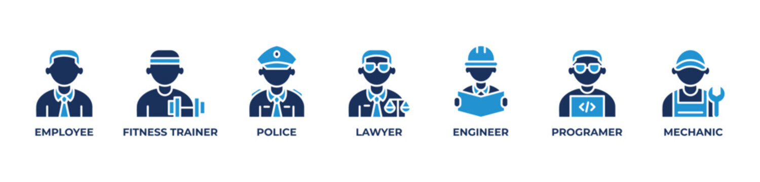 Professional Workforce Icons set vector illustration blue with  Employee, Fitness trainer, Police, Lawyer, Engineer, Programer, Mechanic
