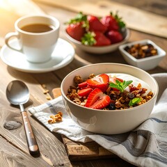 Healthy breakfast bowl with yogurt, granola, and fruit