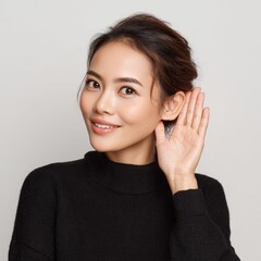 A young woman smiling and listening with intent. She gently touches her ear with her hand and she has a subtle expression of curiosity and anticipation
