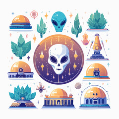 Fototapeta premium A diverse collection of illustrated icons depicting an extraterrestrial civilization with aliens, futuristic architecture, and cosmic flora