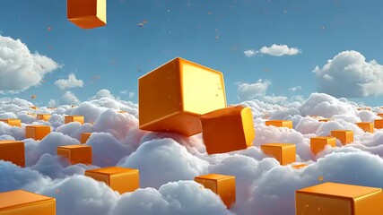 Floating orange cubes amidst fluffy white clouds under a clear blue sky, creating a surreal landscape - Powered by Adobe