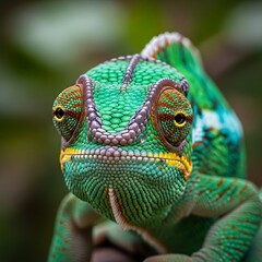 Close-up of a vibrant chameleon's face, showcasing intricate patterns and a variety of brilliant colors.  The focus is on the textured skin and expressive eyes.