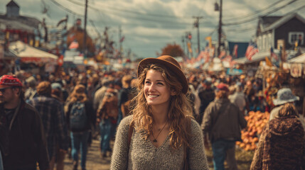 Obraz premium Photo of a joyful crowd at the National Apple Harvest Festival in Pennsylvania, USA. People smiling while walking among apple stands and craft markets.