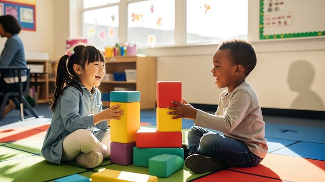 Joyful Learning Experience: Two young children, an Asian girl and an African-American boy, joyfully play together, stacking colorful building blocks in a bright, sunny classroom.