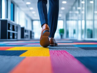 Close-up of a person's legs and feet walking on a colorful modern carpet in an office environment with natural lighting and glass walls