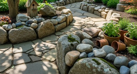 Stone Pathway with Mossy Rocks and Potted Plants in Sunny Garden Setting