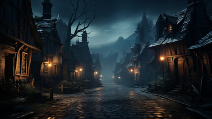 Fototapeta premium Dark Village Street with Lit Lanterns in the Night