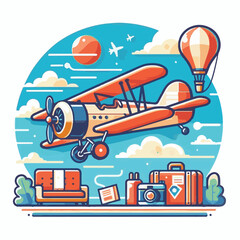 biplane, airplane, plane, aircraft, air, propeller, flight, sky, vintage, aeroplane, old, fly, retro, aviation, transport, wing, pilot, travel, illustration, red, background, vector, transportation, w