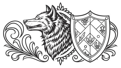 Obraz premium Wolf Head and Heraldic Shield with Ornate Flourishes.