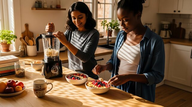 Nutritious Morning Ritual: Two young women prepare a healthy breakfast in a sunlit kitchen, one blending bananas, the other topping fruit bowls with berries. - Powered by Adobe