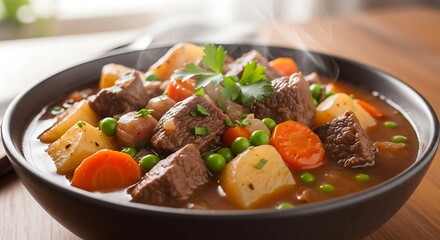 A hearty beef stew, steaming hot, with vegetables, fills a dark bowl, inviting a comforting meal.