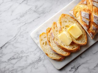 A loaf of bread with butter slices. A delicious still life featuring freshly baked bread with butter, perfect for food photography and culinary themes.