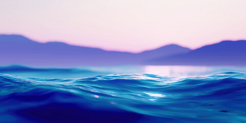 Obraz premium Calm ocean waves with pastel sunset and mountain silhouette 