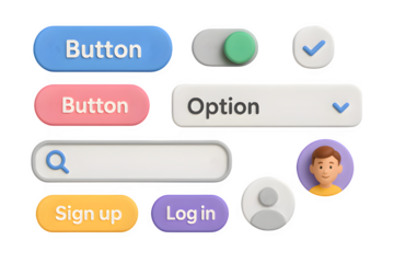 3D Illustration of Website UI Components on White Background