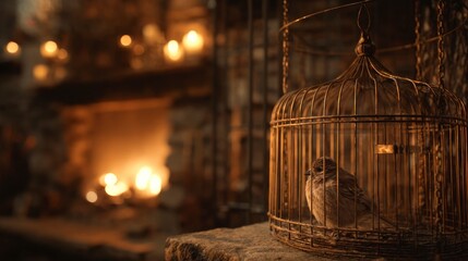 Sparrow in cage fireplace setting