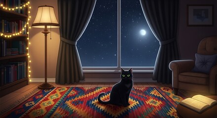 A cozy reading room at night, illuminated by a warm lamplight, showcasing a black cat gazing at the starry sky through a large window.