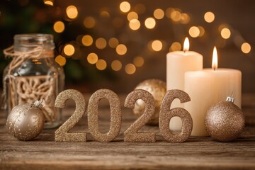 A cozy and festive background with a candle and various ornaments placed on a wooden table, creating a warm and inviting atmosphere.