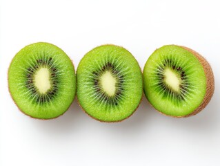 Fototapeta premium Three slices of fresh, vibrant kiwi fruit arranged, offering a refreshing and healthy visual. The kiwi slices showcase their unique textures and colors