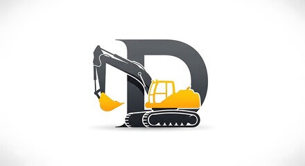 A construction excavator is subtly incorporated into the letter D, forming a powerful and creative  design.