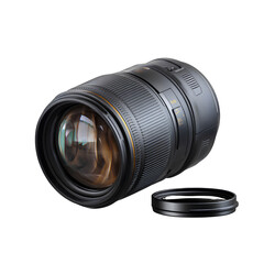 Black camera lens with lens cap isolated on transparent background