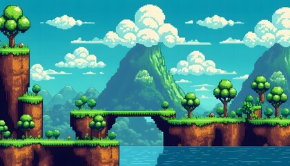 Pixelated Paradise: Lush Landscape with Elevated Islands