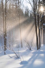 Sun rays shining through misty winter forest with snow-covered ground