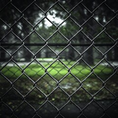 Fototapeta premium A close-up view of a chain link fence with a blurred background of trees and green grass. The image conveys a sense of barrier and enclosure