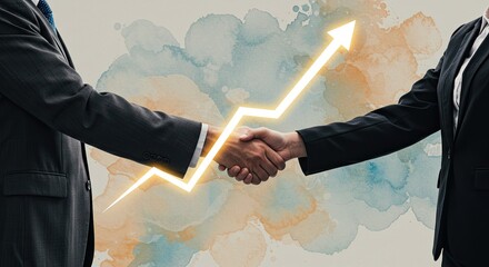 Business people in suits shaking hands with a glowing upward arrow symbolizing growth and success.