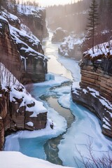 Frozen river winding through snowy canyon at sunset, dramatic winter landscape