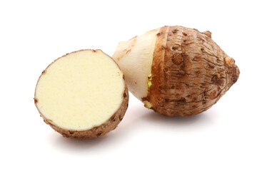 Taro corm roots isolated on a white background