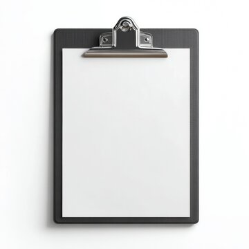 A clipboard, ready for important notes, lists, or documents. A blank sheet of paper is secured with a metal clip