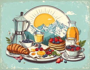 Breakfast scene with mountains