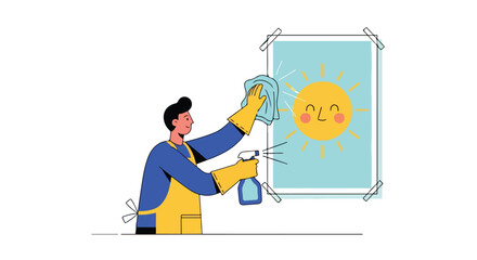 Energetic man with cleaning spray and cloth tidying up a cartoon drawing of a cheerful sun with meticulous care and precision