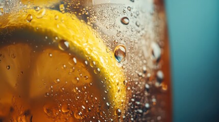 Close up of iced tea with lemon slice and ice cubes in a glass cup