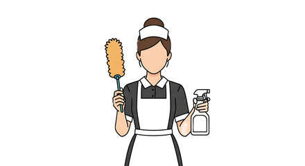Maid Illustration Cleaning Lady with Duster and Spray Bottle Cartoon