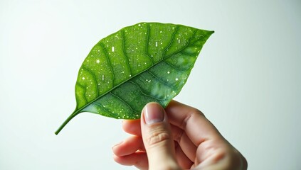 A hand holding a green leaf with circuit like patterns.