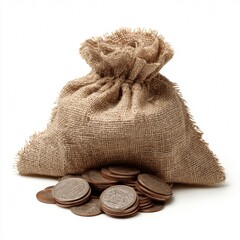 A rustic burlap sack overflowing with antique bronze coins, suggesting wealth and history