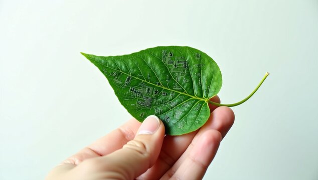A hand holding a green leaf with circuit like patterns.