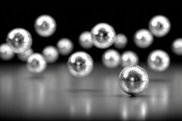 Abstract image of many reflective silver spheres floating in mid-air, with a focus on a single sphere near the foreground