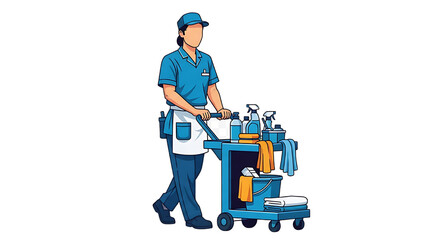 Fototapeta premium Cleaning Professional Pushing a Cart Filled with Supplies Maintenance Services