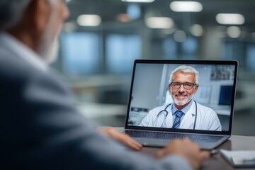Patient in Video Conference with Smiling Doctor on Laptop - Telemedicine, Remote Healthcare, Professional, Modern Office Setting