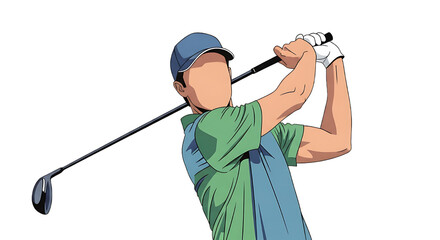 Dynamic illustration of a male golfer executing a powerful golf swing, ready to strike the ball