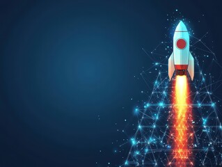 Obraz premium Modern digital illustration of a futuristic rocket launching into the dark sky with glowing effects, digital network lines, and a science fiction theme